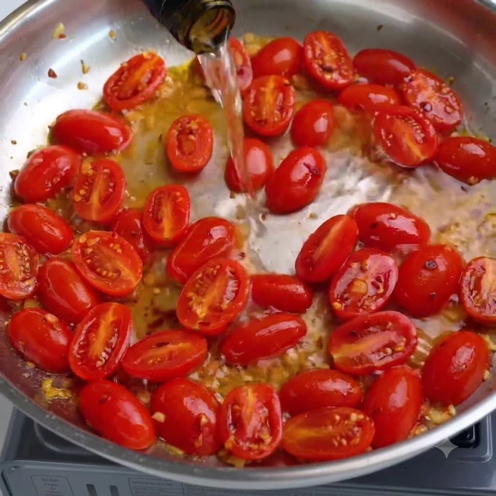 Sal y pimienta negra cayendo sobre tomates cherry burbujeantes en una sartén.