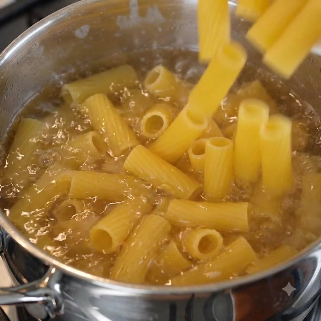 Piezas de pasta rigatoni cayendo en una olla hirviendo de agua salada.