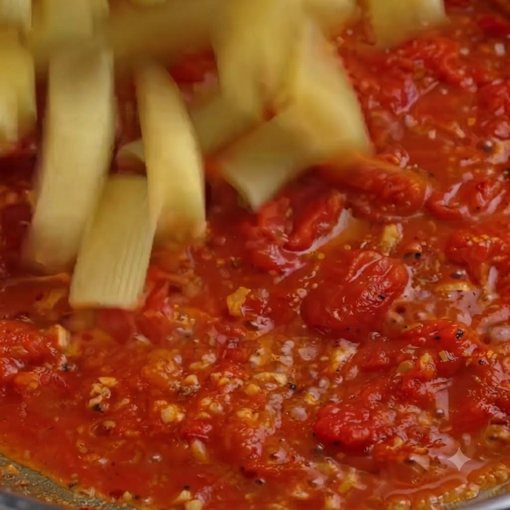 Tubos de pasta cocida siendo vertidos en una sartén llena de vibrante salsa de tomate rojo.