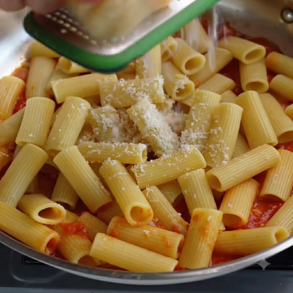 Un rallador de mano rallando queso parmesano directamente sobre la pasta rigatoni en una sartén.
