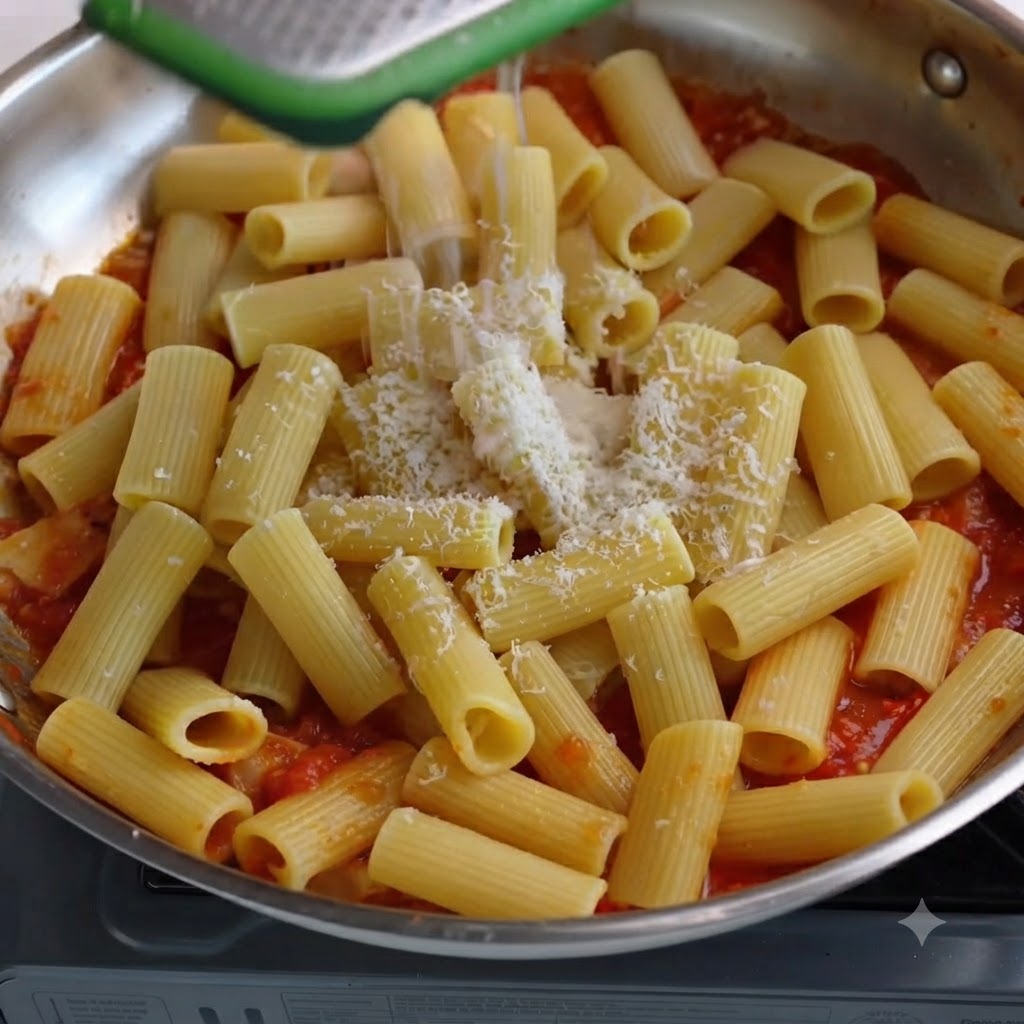 Agua siendo vertida desde un recipiente en una sartén que contiene pasta y queso rallado.