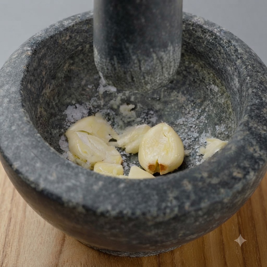 Piñones esparcidos dentro del mortero de piedra junto a trozos de ajo.