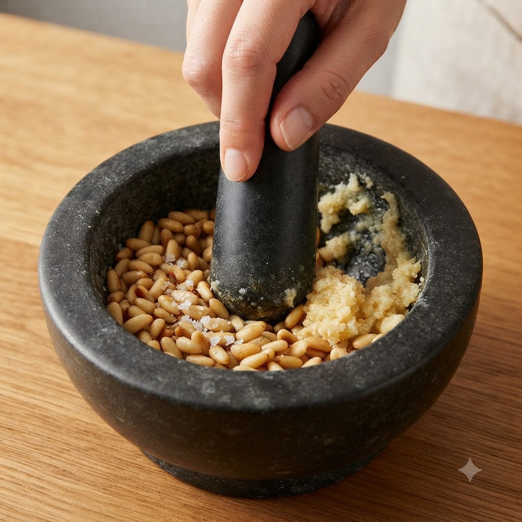 Una mano sosteniendo un mazo moliendo ingredientes dentro de un mortero de piedra.