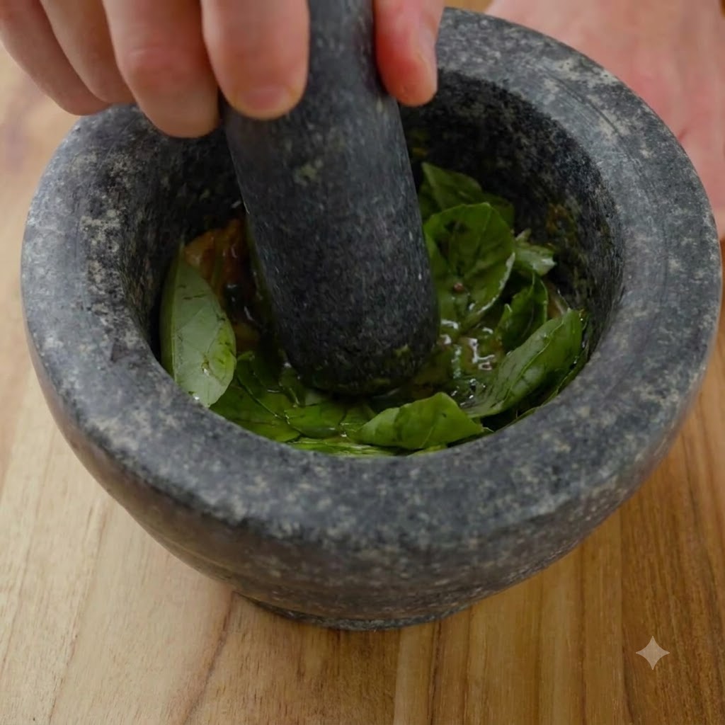 Hojas de albahaca verde fresca siendo trituradas dentro de un mortero de piedra con un mazo.