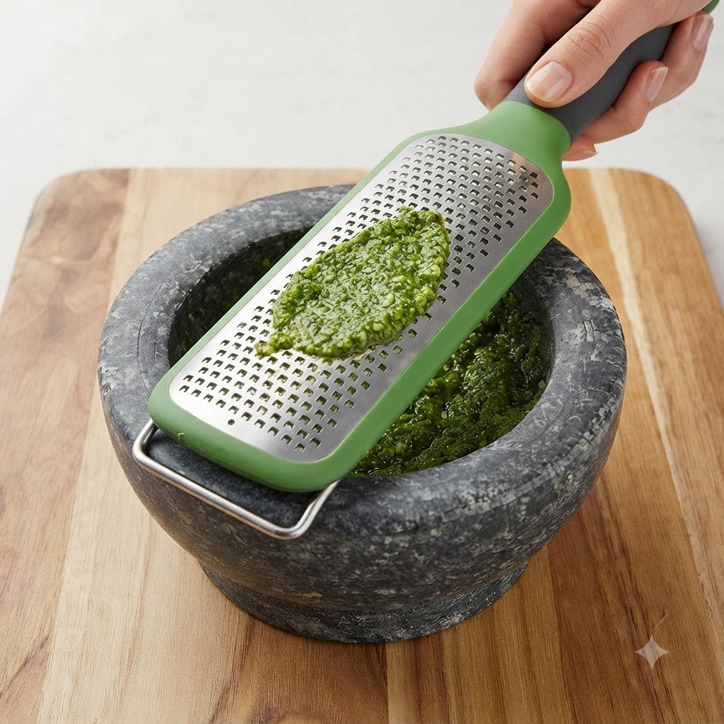 Queso parmesano siendo rallado fresco con un rallador verde sobre un mortero de piedra lleno de ingredientes para pesto verde.