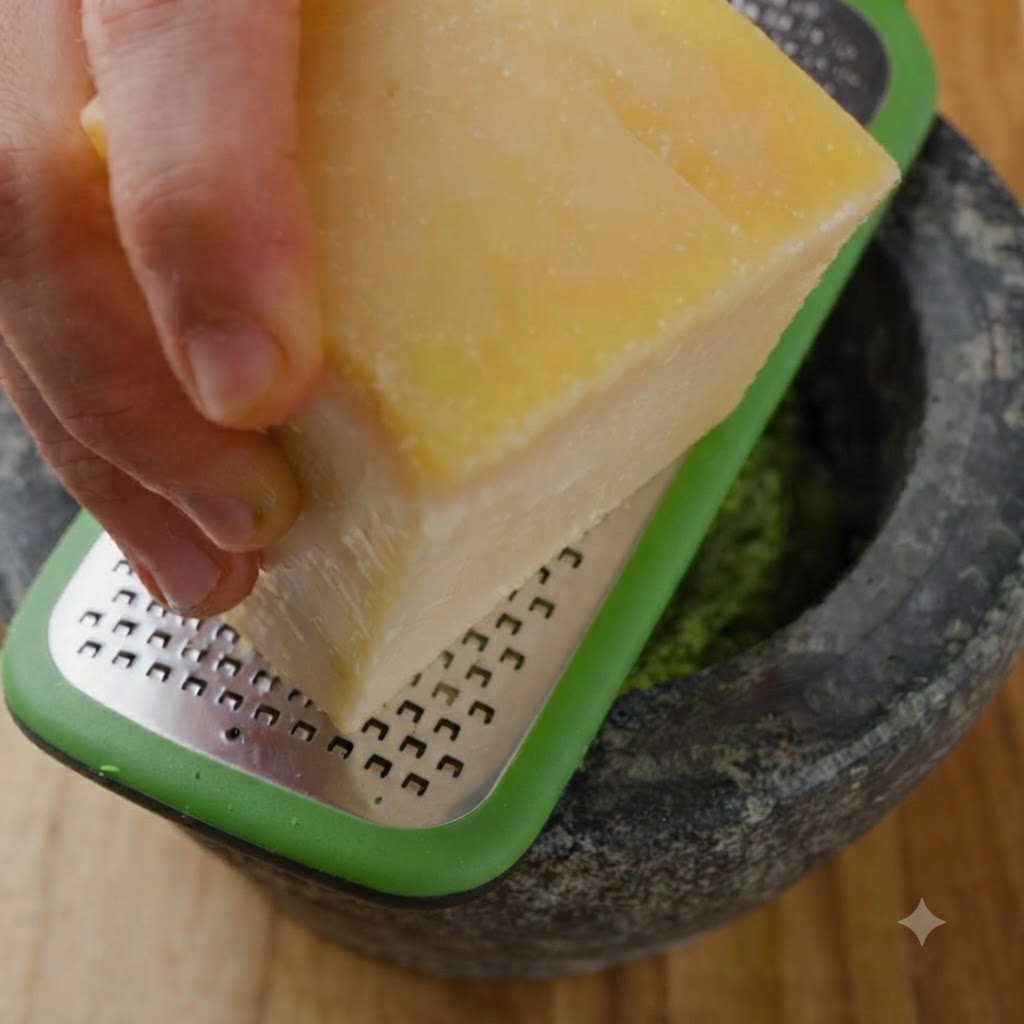Aceite de oliva virgen extra siendo vertido desde un pico dispensador en un mortero de piedra lleno de pasta de pesto verde y un mazo.