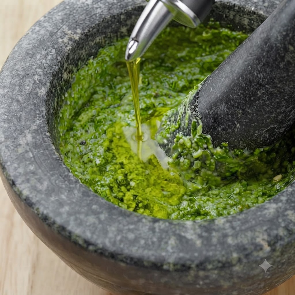Una cucharada de pesto verde fresco siendo colocada en una sartén con pasta rigatoni cocida mezclada con salsa de tomate.