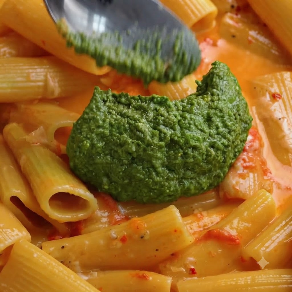 Pasta rigatoni y salsa de pesto verde siendo mezcladas en una sartén grande usando una espátula blanca.