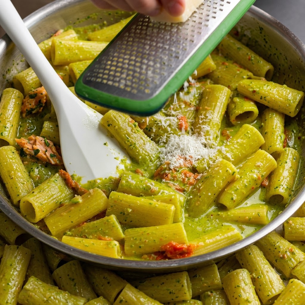 Queso parmesano fresco siendo rallado de un bloque sobre una sartén de rigatoni al pesto terminado.