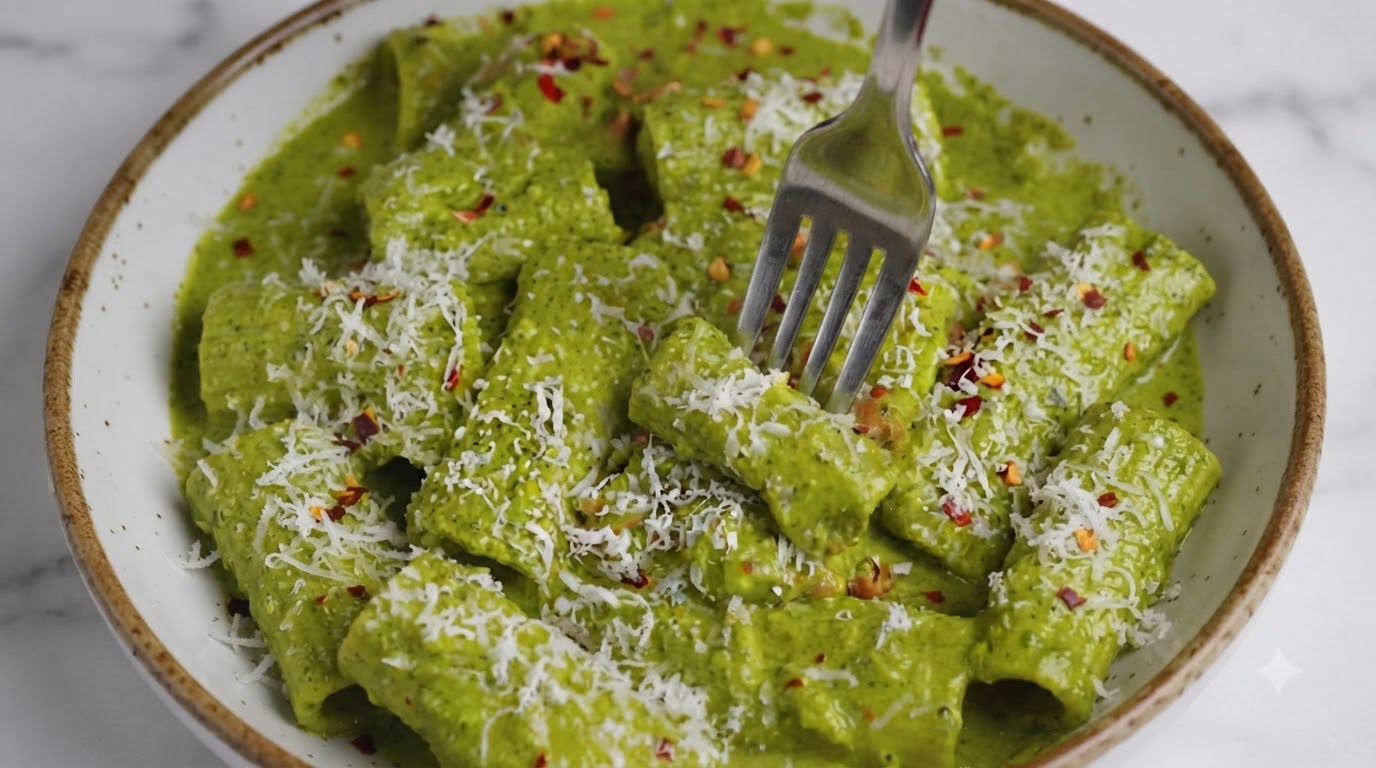 Rigatoni al Pesto con Tomates Cherry
