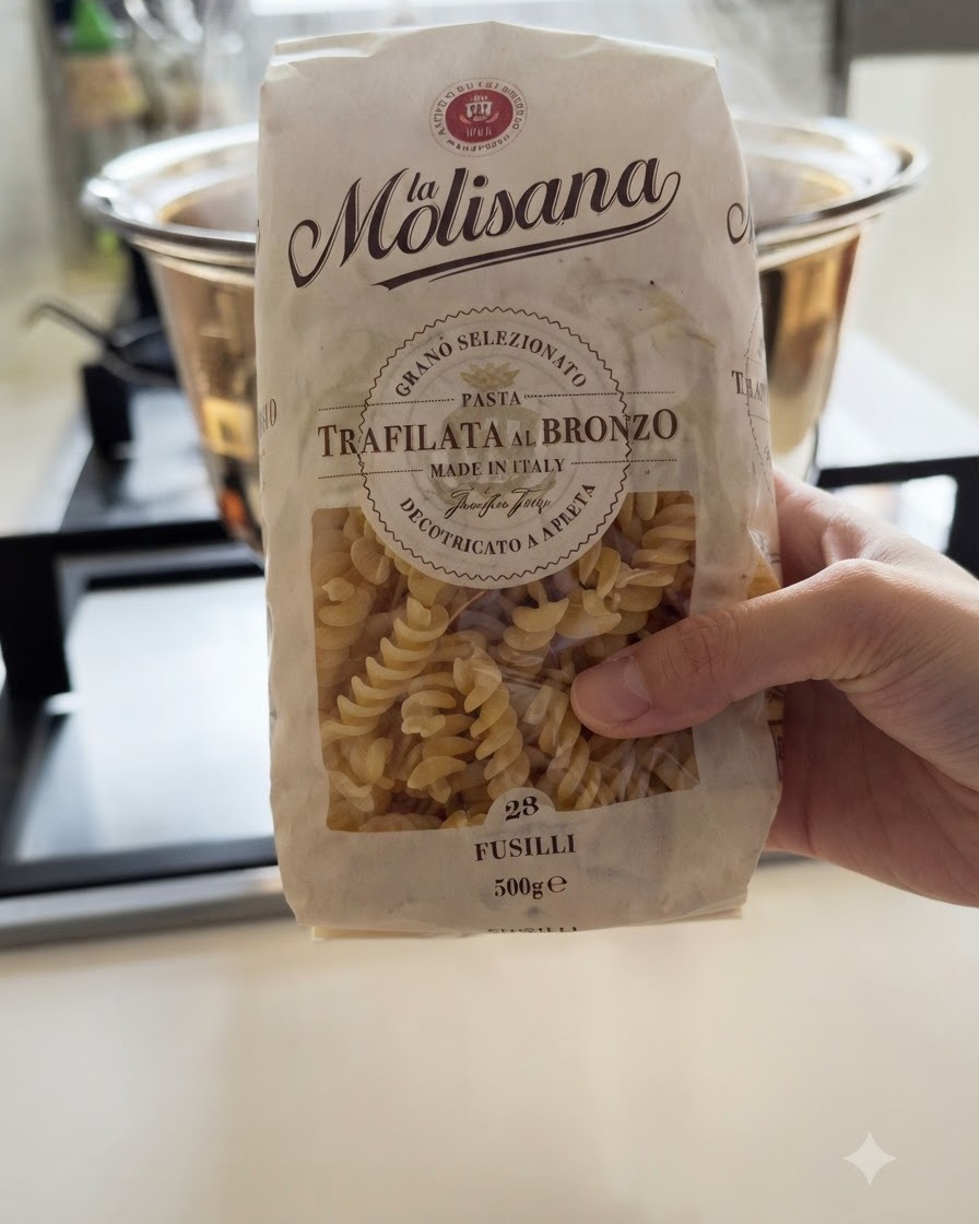 Hebras de pasta fusilli seca cayendo en agua hirviendo dentro de una olla de metal.