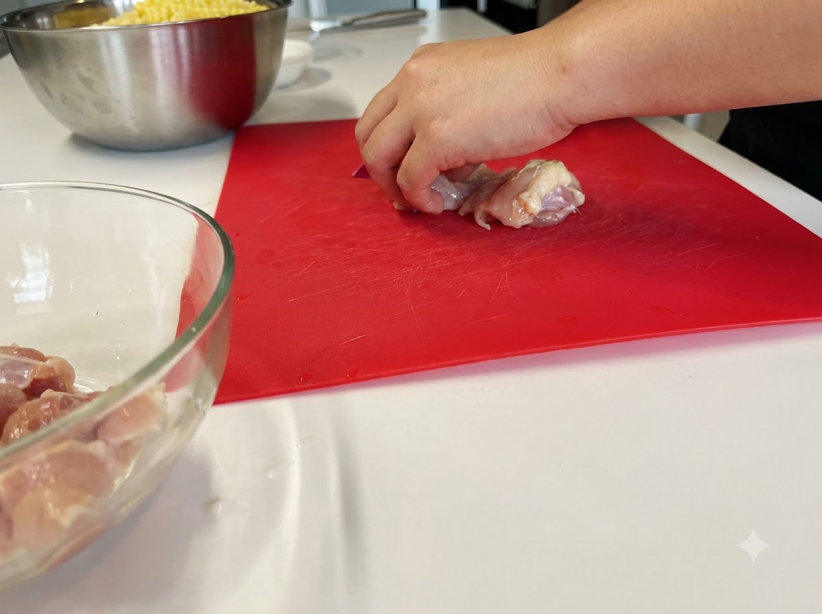Carne cruda de muslo de pollo cortándose en trozos pequeños en una tabla de cortar roja.