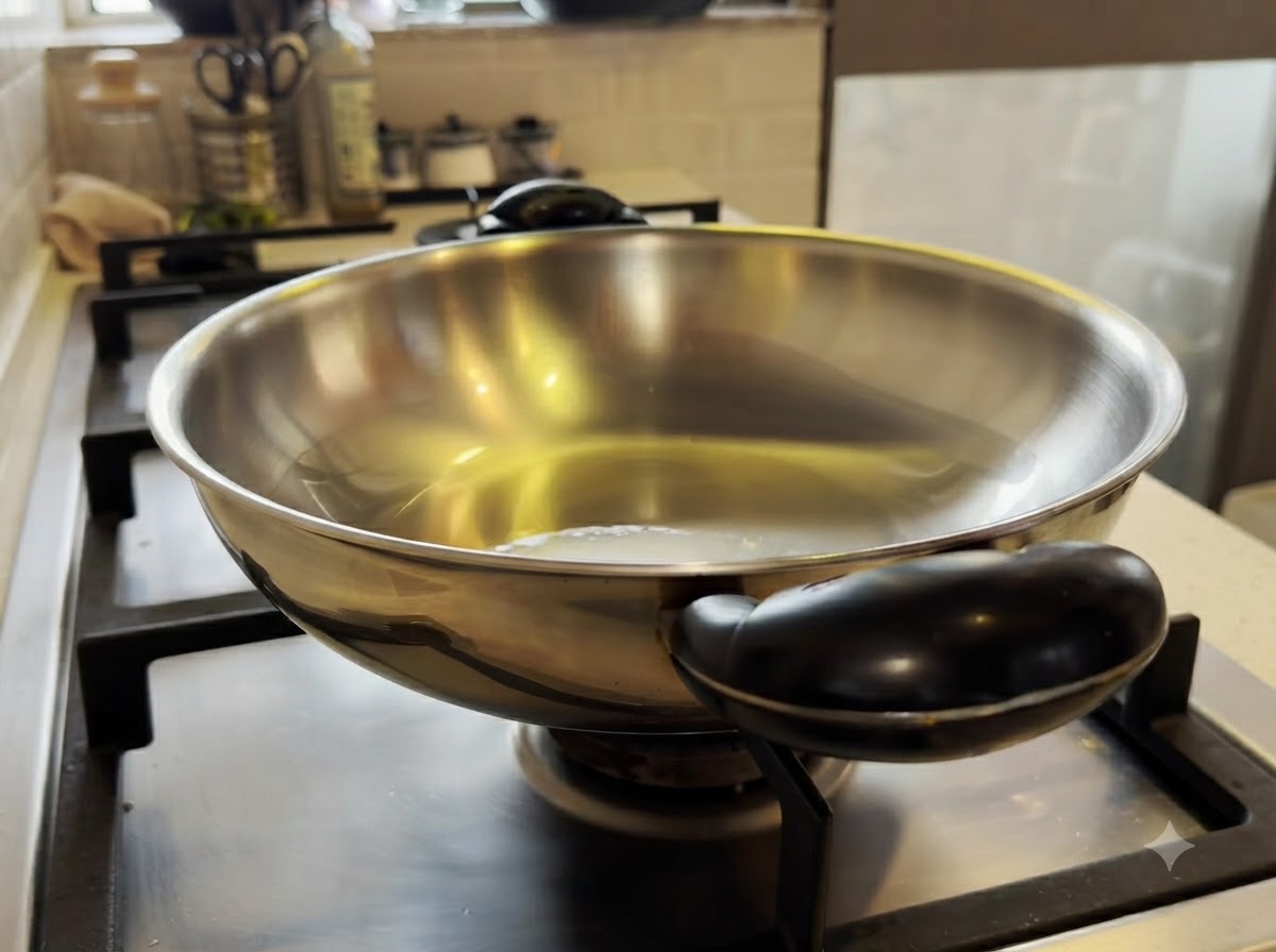 Pequeños trozos de pollo revolviéndose en un wok de metal caliente con aceite de oliva.