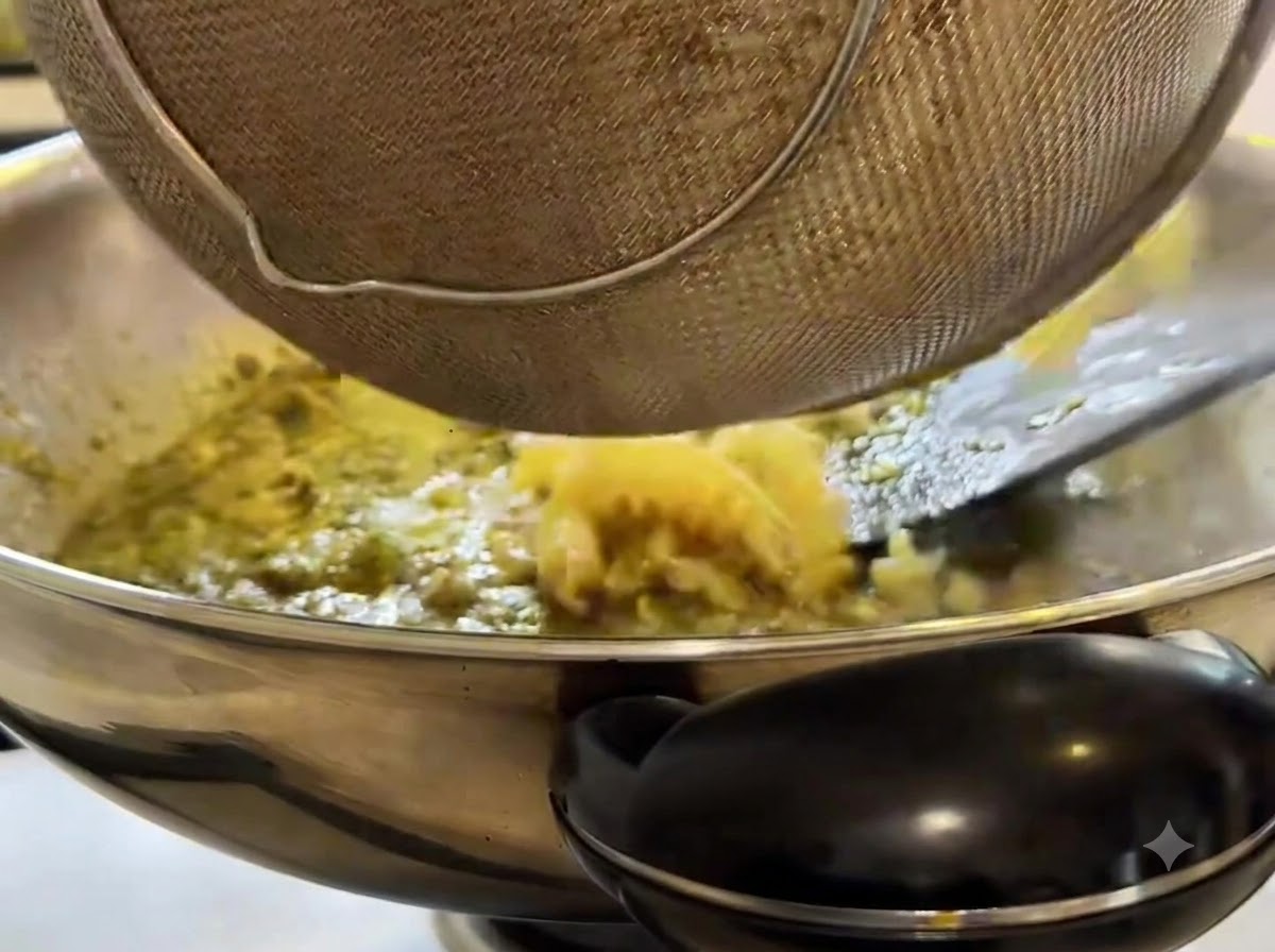 Pasta fusilli escurrida vertiéndose de un colador de alambre en el wok de cocción.