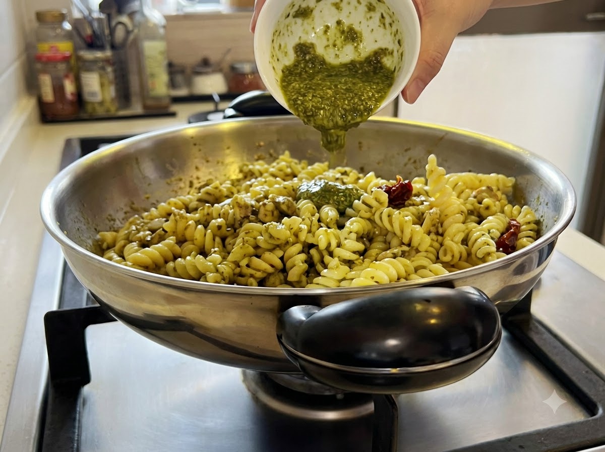 Tomates secos revolviéndose en el wok lleno de pasta y pesto verde.