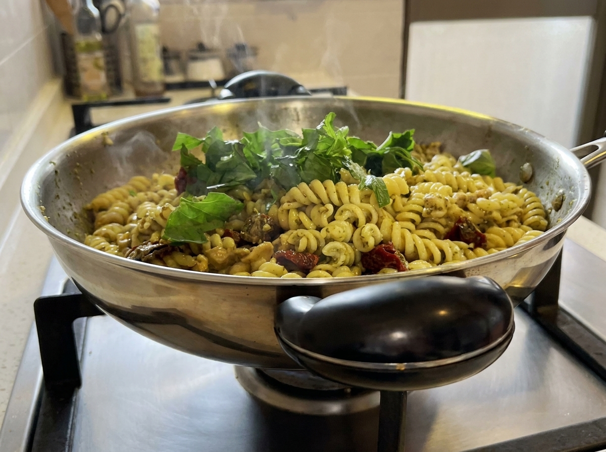 Hojas de albahaca verde fresca doblándose en el plato de pasta caliente dentro del wok.