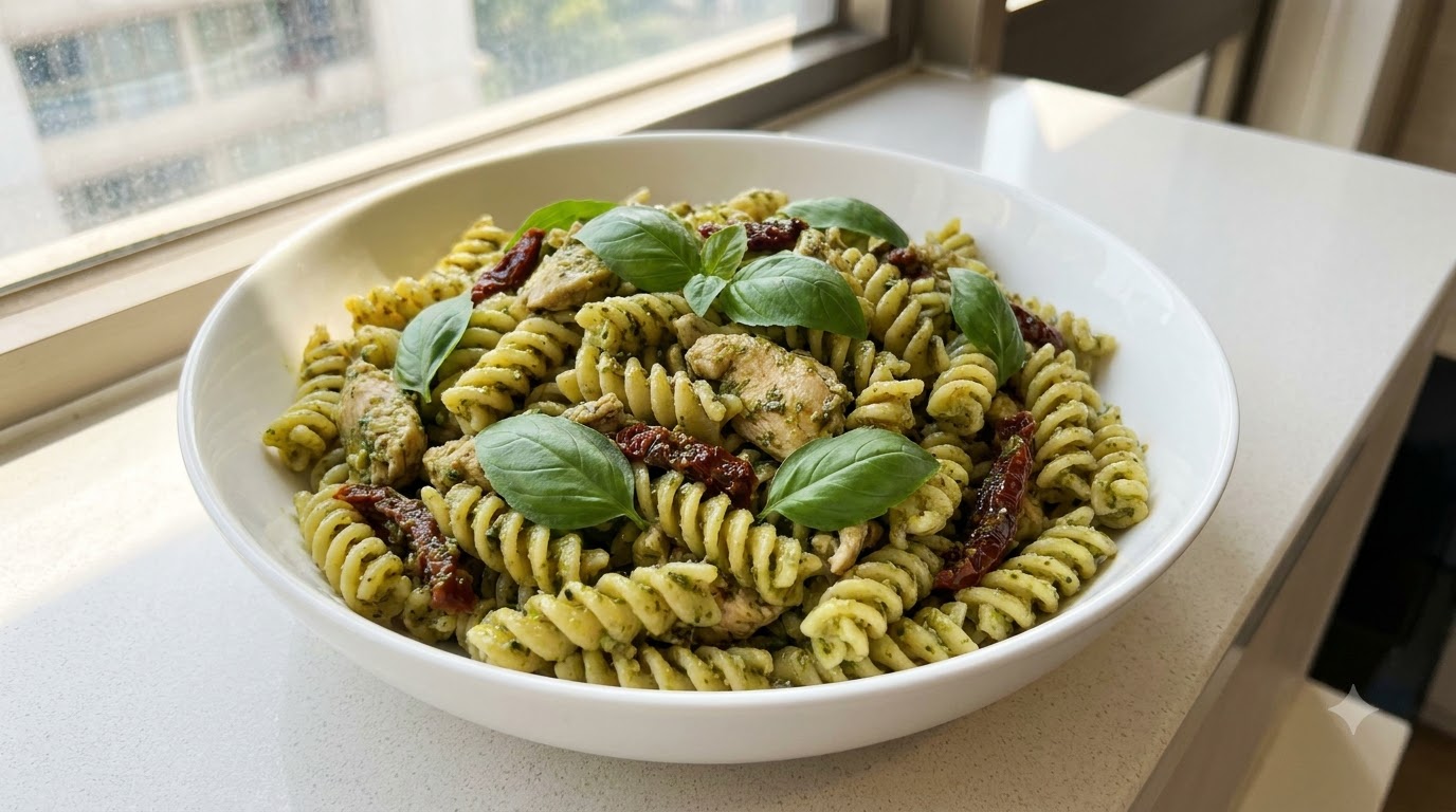 Fusilli con Pollo al Pesto di Basilico e Pomodori Secchi