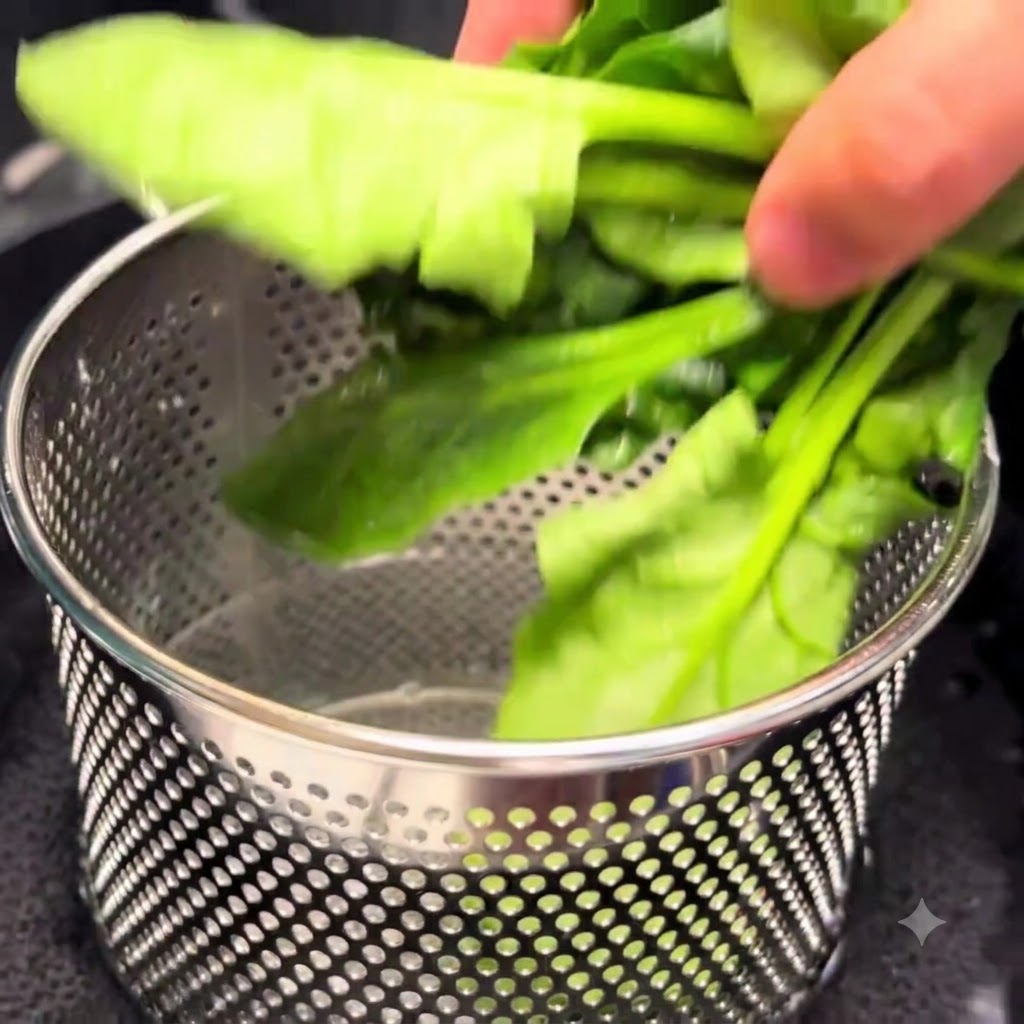Hojas de espinaca verde fresca siendo añadidas a un colador de malla metálica sobre una olla con agua hirviendo.