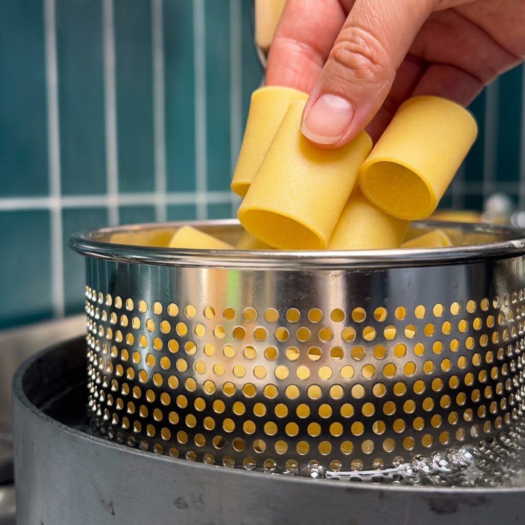 Grandes tubos de pasta paccheri siendo arrojados a una cesta de colador de malla metálica en agua hirviendo.