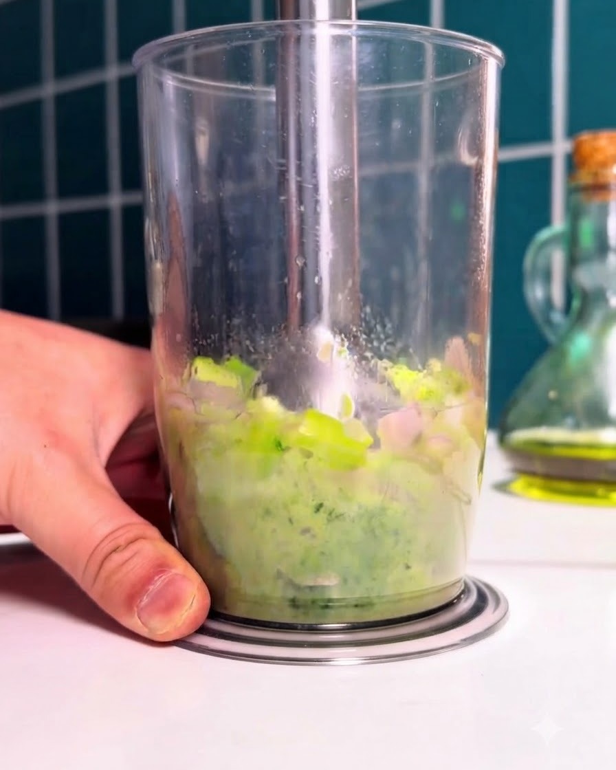 Una batidora de inmersión haciendo puré de verduras verdes blanqueadas y espinacas dentro de un vaso transparente alto.