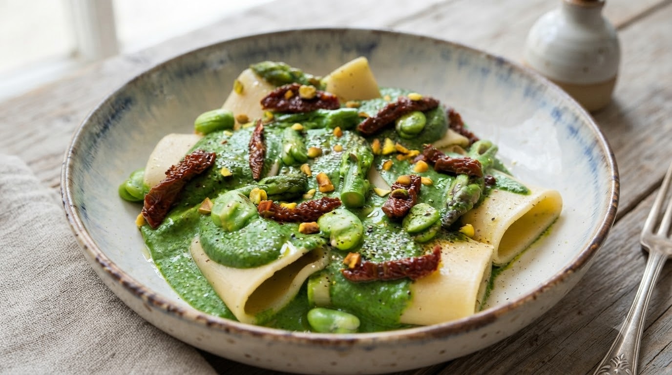 Pasta Paccheri con Pesto Verde Primaverile