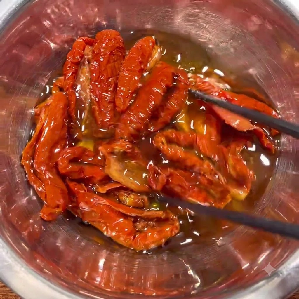 Tomates secos remojándose en aceite dentro de un recipiente de acero inoxidable, revueltos con palillos negros.