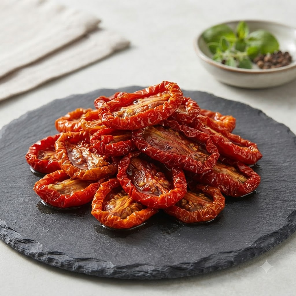 Un montón de pasta de tomate seco descansando sobre una cuchara, mostrando una textura roja suave y vibrante.