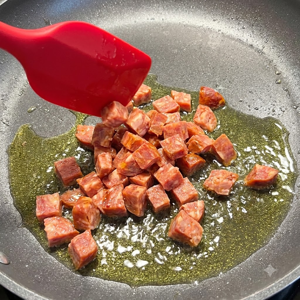 Cubos de chorizo español siendo agregados a una sartén caliente llena de aceite de oliva, manipulados por una espátula de silicona roja.