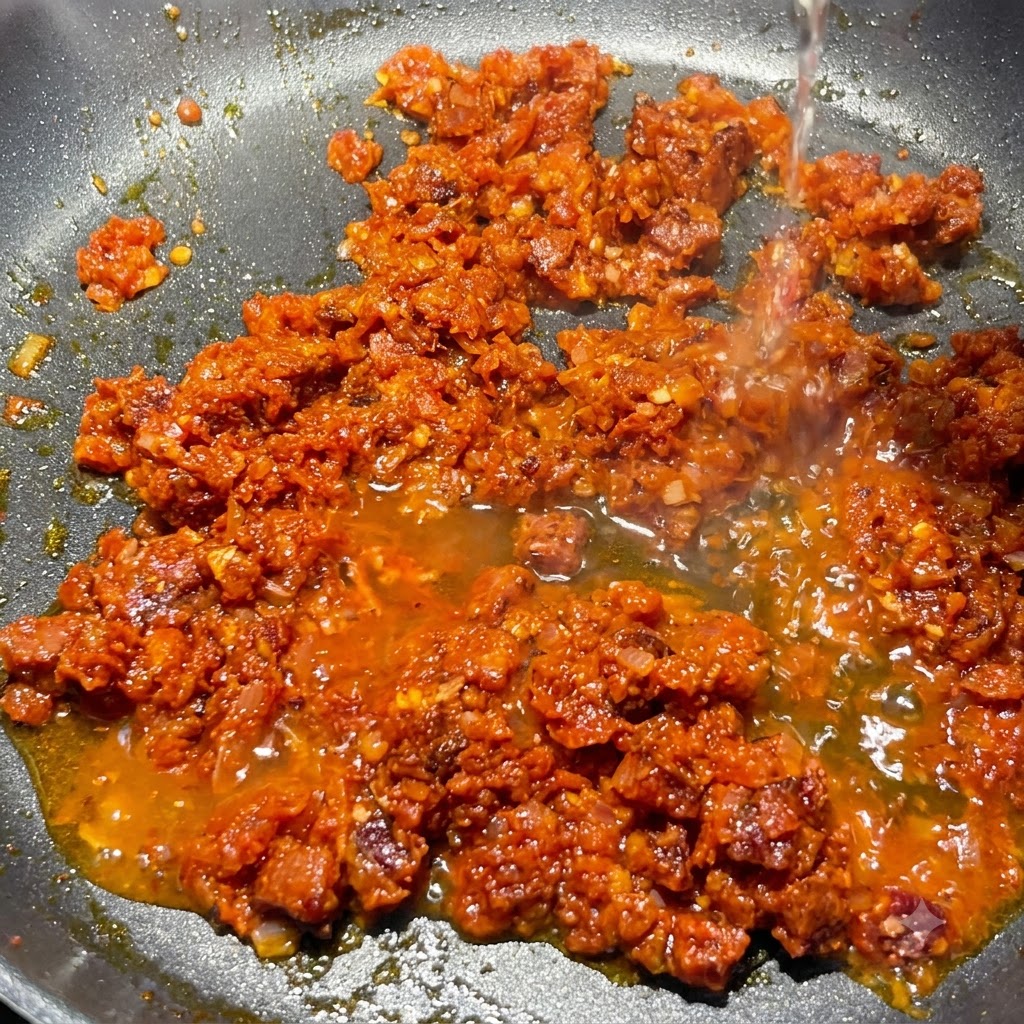 Vino blanco siendo vertido desde arriba en la salsa hirviendo de tomate y chorizo en la sartén.