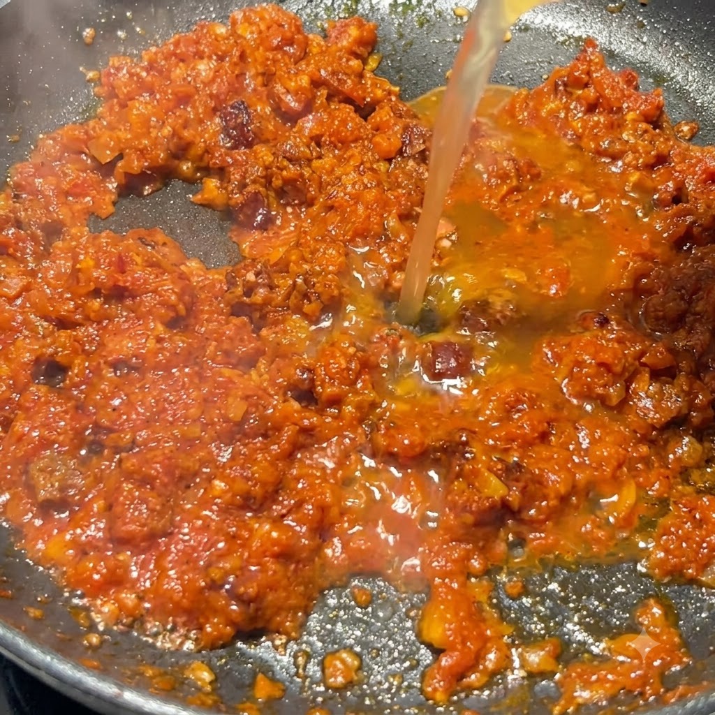 Caldo de pollo siendo vertido en la sartén de salsa de tomate y chorizo a fuego lento.