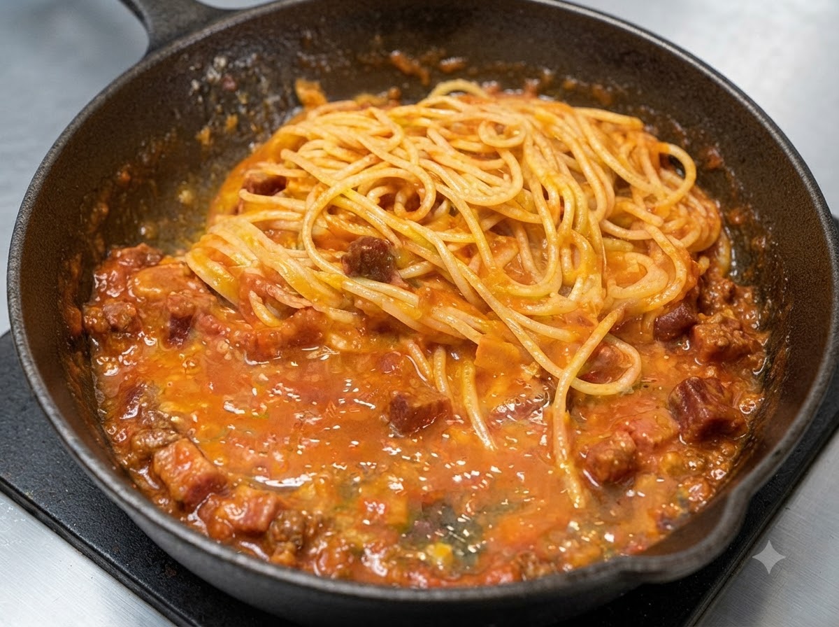 Mezcla de espaguetis y salsa en una sartén de hierro fundido siendo sazonada con sal y pimienta negra.