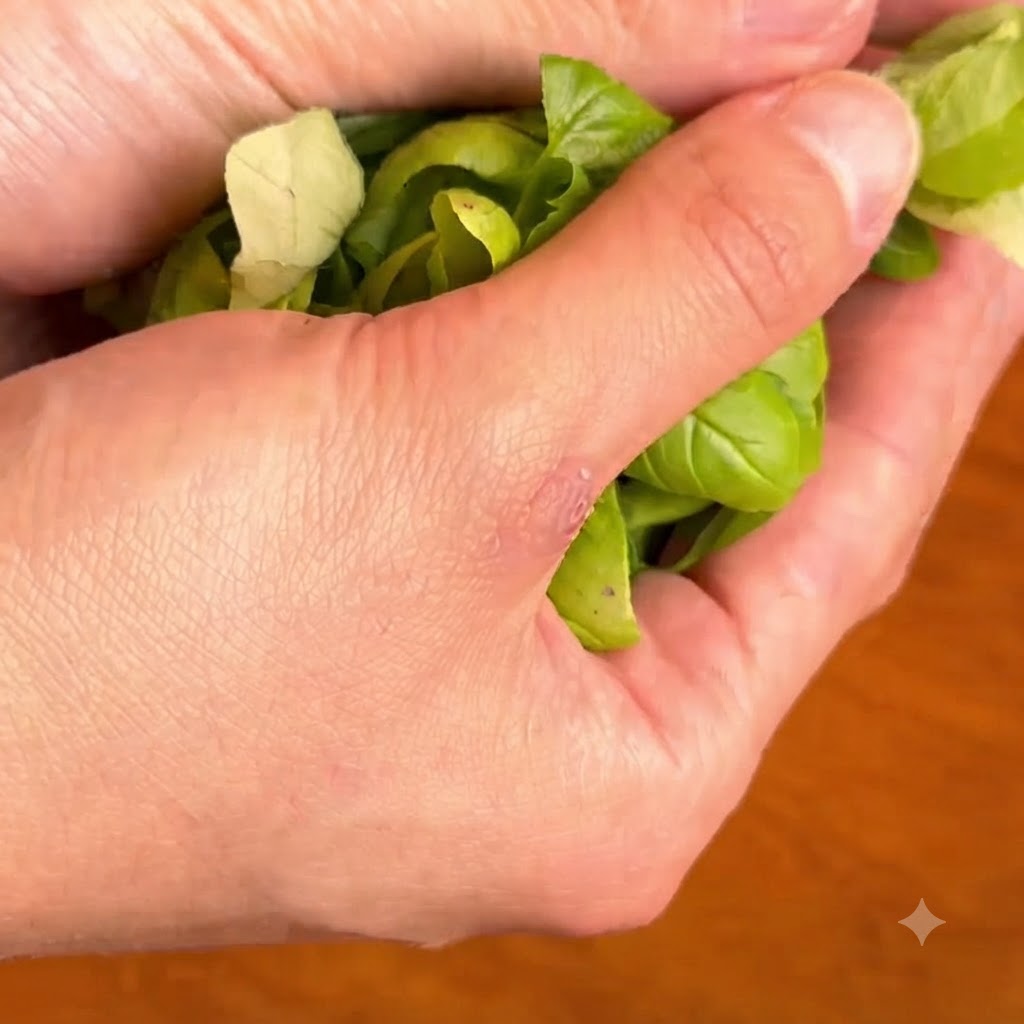 Hojas de albahaca verde fresca ahuecadas firmemente en las manos.