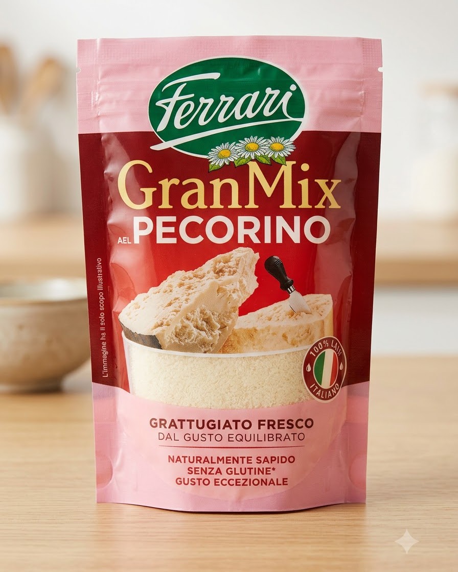 Un empaque rosado de queso Ferrari GranMix Pecorino colocado verticalmente sobre una encimera de cocina de madera.