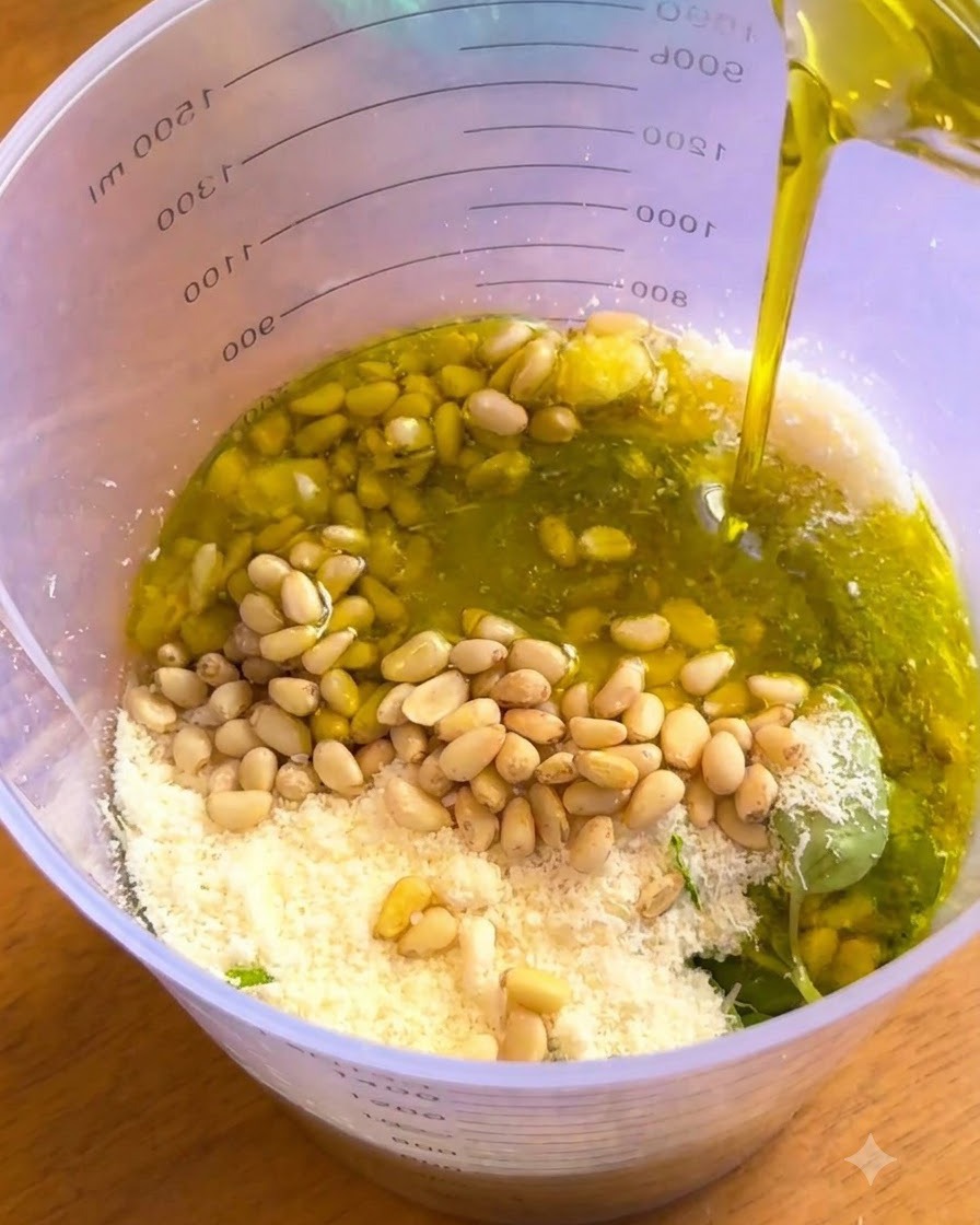 Aceite de oliva virgen extra siendo vertido en un vaso medidor grande que contiene piñones, queso rallado y hojas de albahaca.