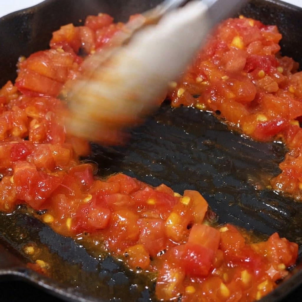 Tomates finamente picados hirviendo a fuego lento y ablandándose en una sartén aceitada.