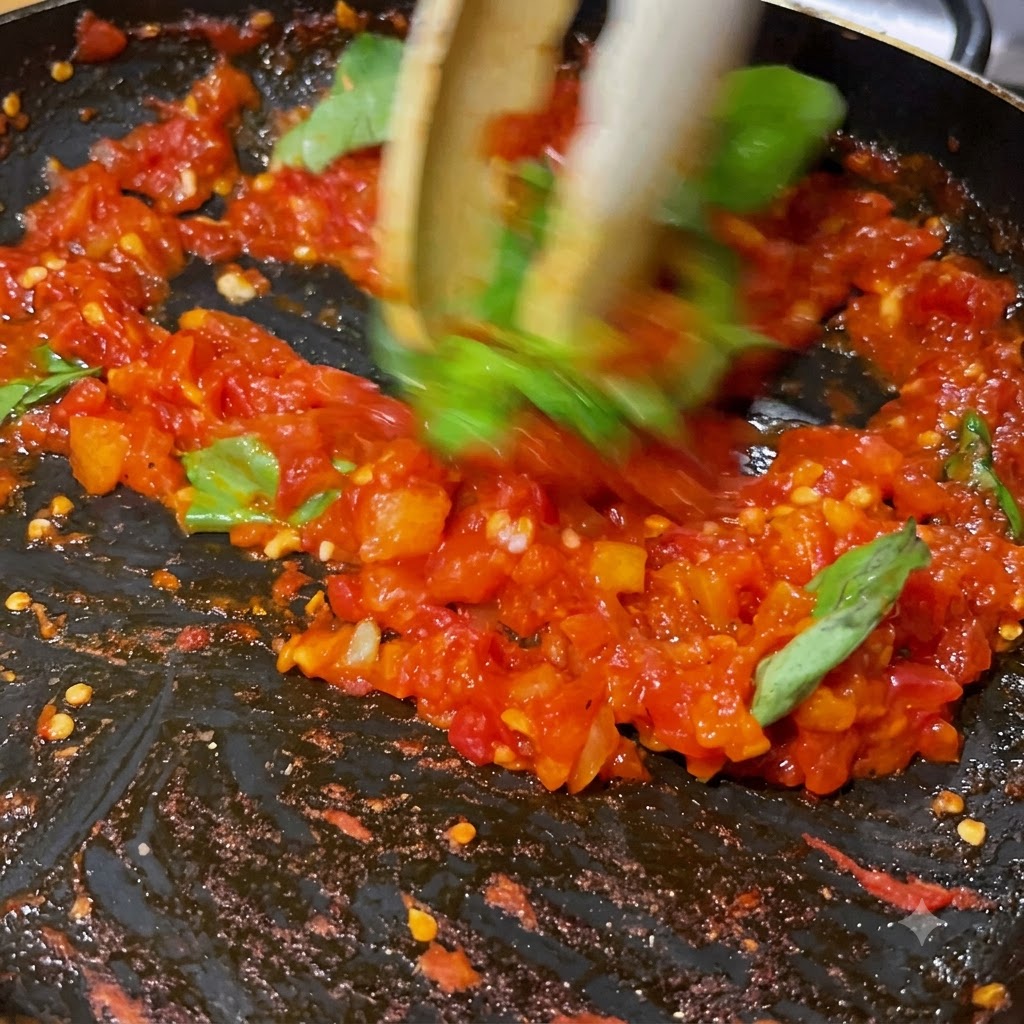 Hojas de albahaca fresca siendo removidas e integradas en la vibrante salsa de tomate roja dentro de una sartén.
