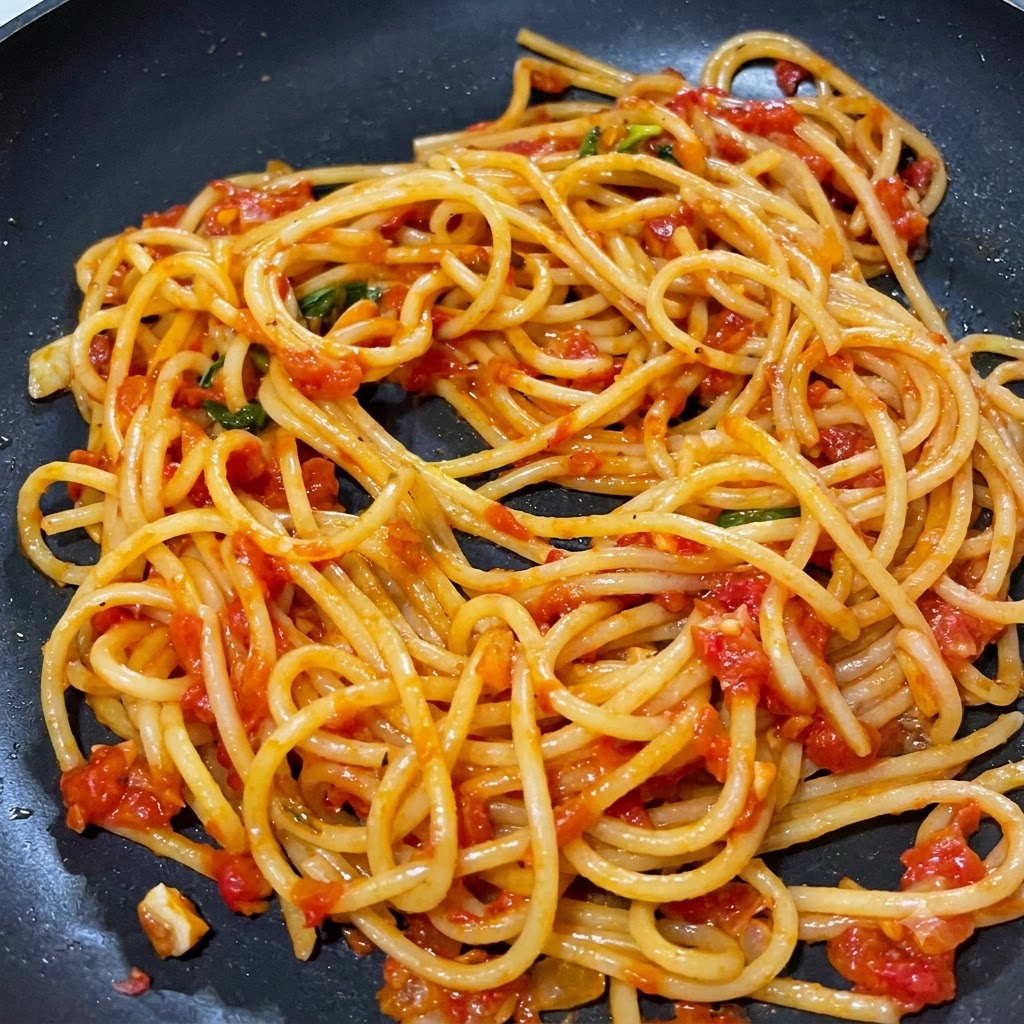 Fideos de espaguetis cocidos siendo mezclados y cubiertos a fondo con salsa de tomate con carne casera en una sartén.