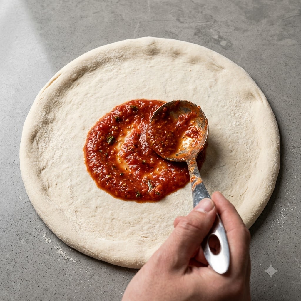 Un cucharon de metal esparciendo salsa de tomate roja en patron de espiral sobre la masa de pizza cruda.