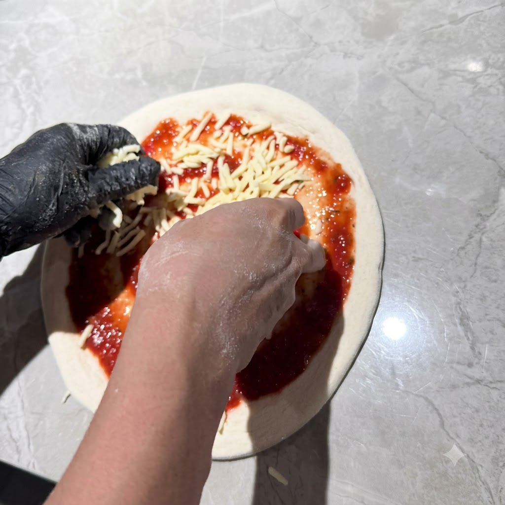 Manos con guantes esparciendo queso mozzarella rallado sobre una base de pizza con salsa de tomate.