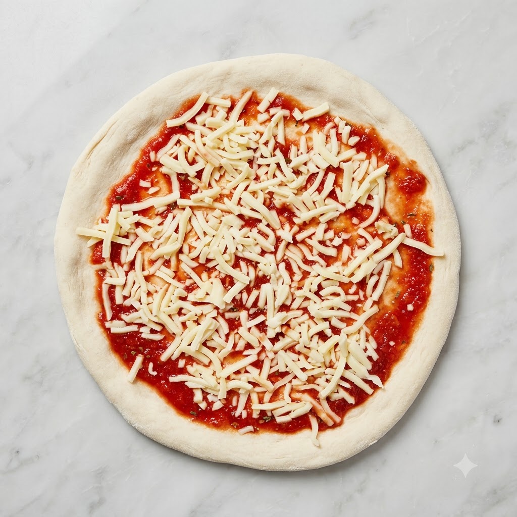 Una base de pizza preparada cubierta con salsa de tomate, queso mozzarella y mitades de tomates cherry.