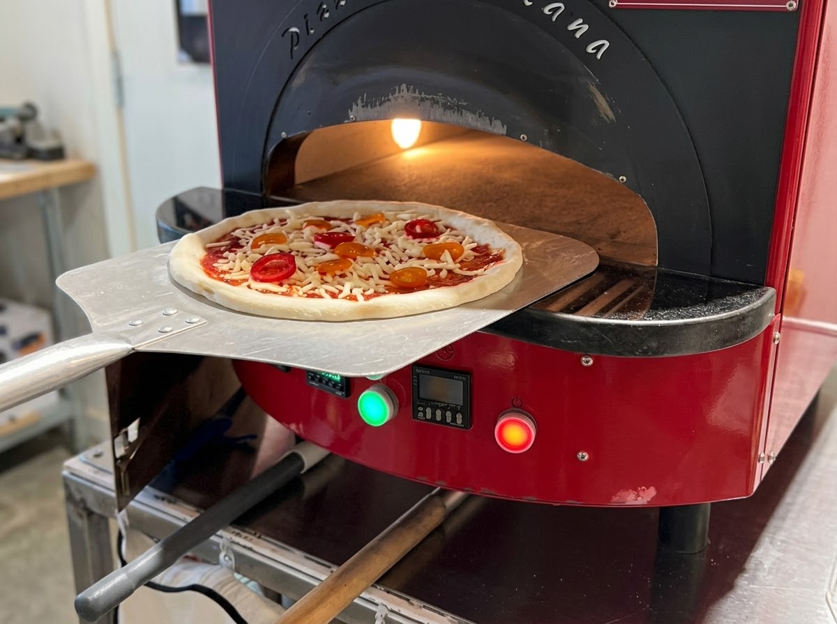 Una pizza siendo cargada en una pala dentro de la boca abierta de un horno de pizza abovedado rojo.
