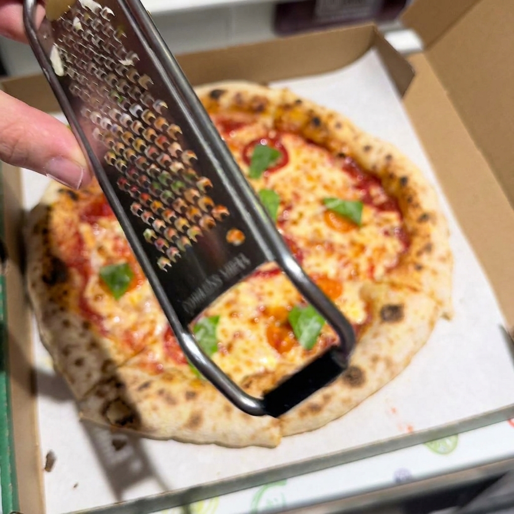 Una mano sosteniendo un rallo de metal, rallando activamente queso Parmigiano-Reggiano sobre una pizza horneada en una caja.