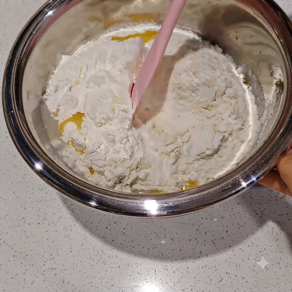 Ingredientes mezclados con una espátula hasta formar una masa áspera.