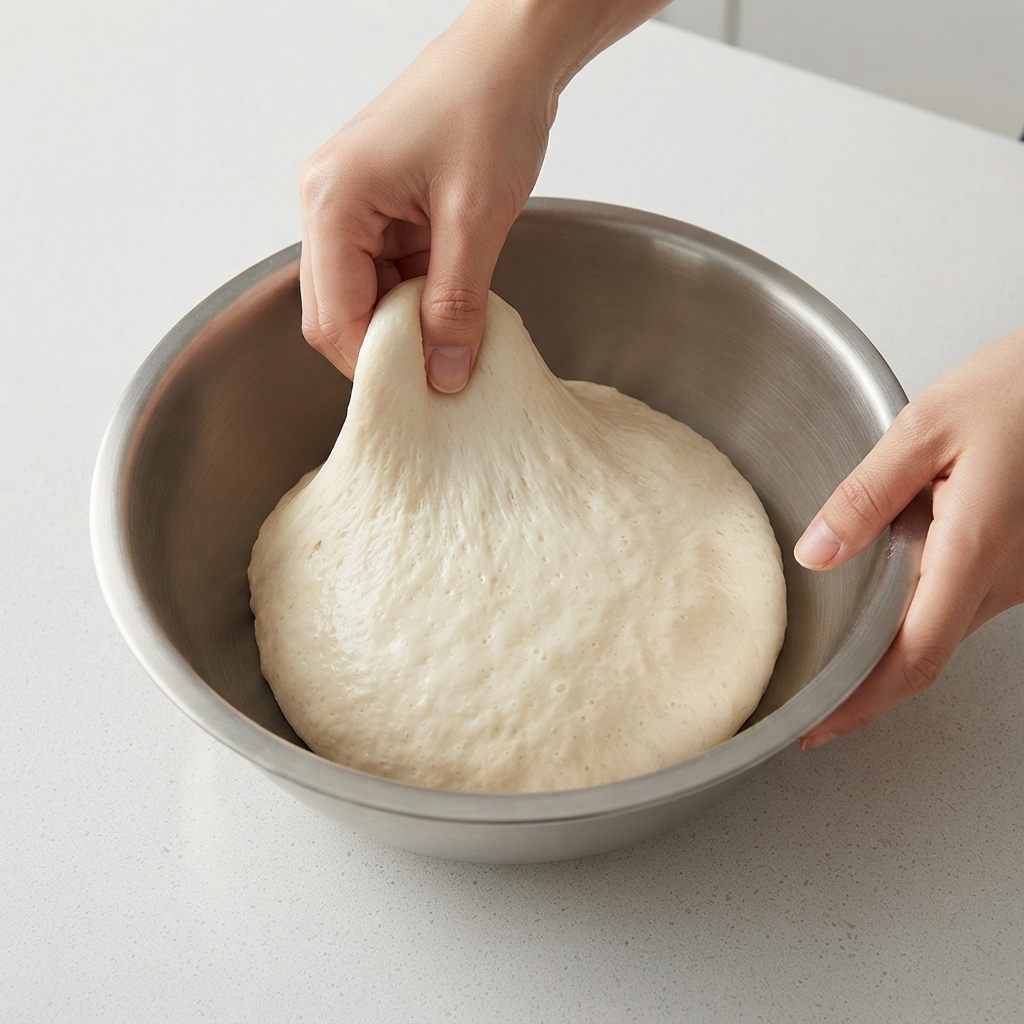 Realizando el primer estirado y doblado de la masa dentro del bol.