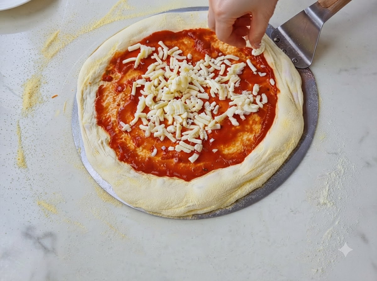 Manos presionando la masa de pizza desde el centro hacia afuera, dejando el borde grueso.