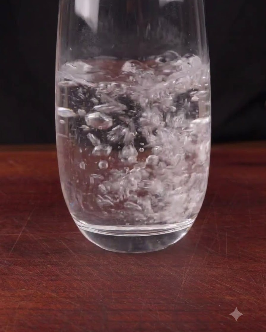 Un chorro constante de agua tibia cayendo en un vaso transparente sobre una mesa de madera.
