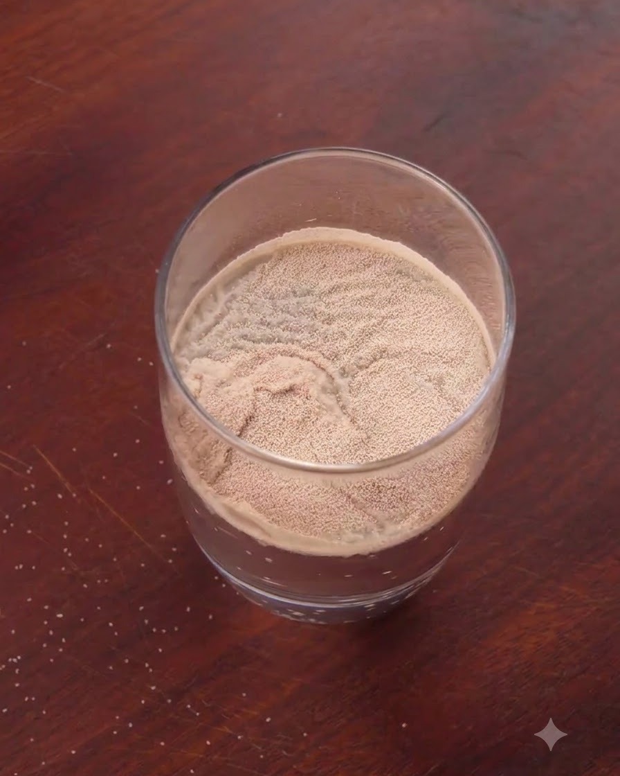 Azúcar blanca granulada y levadura seca sobre el agua dentro de un vaso transparente.