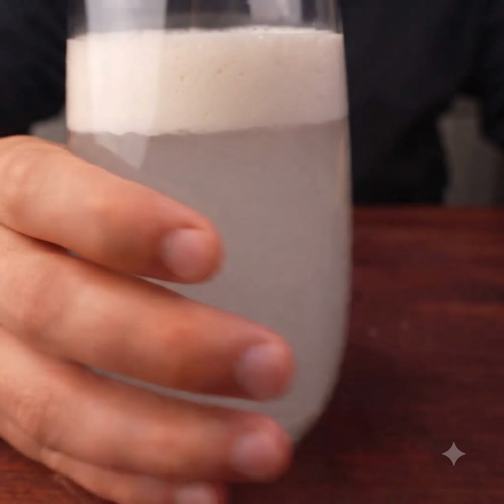 Mezcla de levadura espumosa y activada siendo vertida desde un vaso en un bol con harina blanca.
