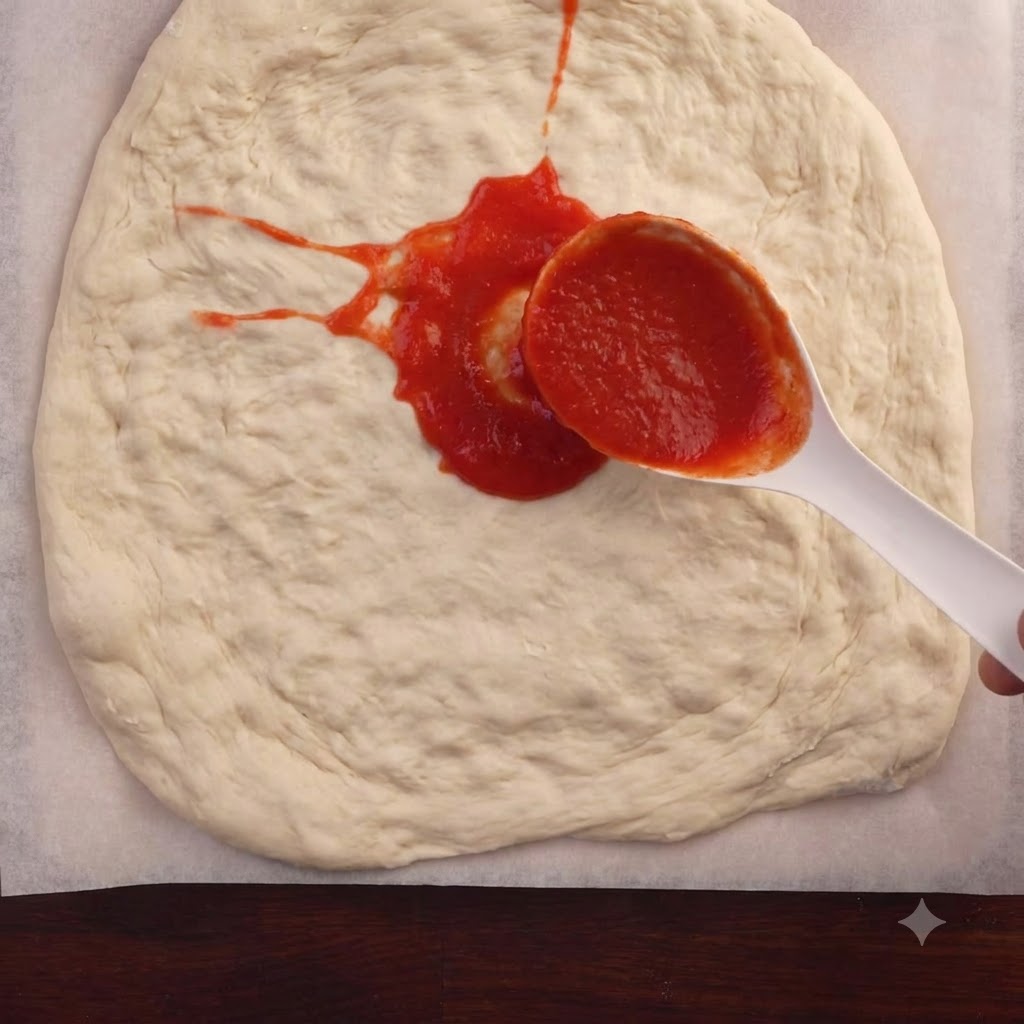Un cucharón sirviendo salsa de tomate roja brillante en el centro de una masa de pizza redonda estirada sobre papel de horno.