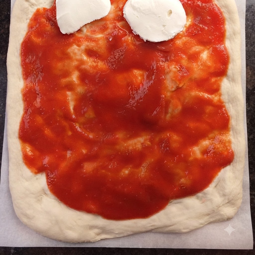 Rodajas de queso mozzarella blanco dispuestas sobre una base de salsa de tomate roja en la masa de pizza.